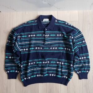 Les Jacqueunes Sweater Mens L Blue Vintage Knit Polo Made in Italy Geometric